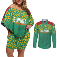 Custom Guyana Football Couples Matching Off Shoulder Short Dress and Long Sleeve Button Shirt Go Golden Jaguars Green Version - Wonder Print Shop