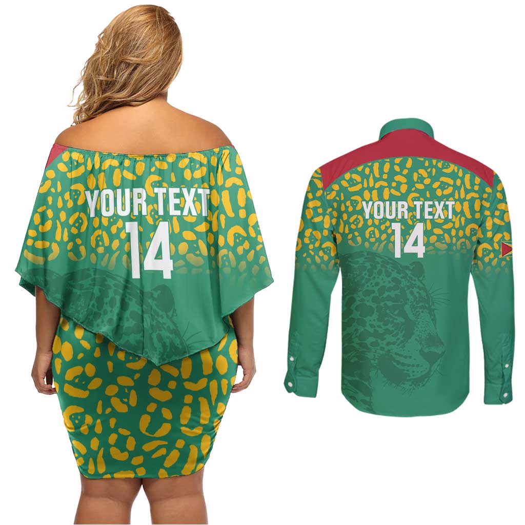 Custom Guyana Football Couples Matching Off Shoulder Short Dress and Long Sleeve Button Shirt Go Golden Jaguars Green Version - Wonder Print Shop