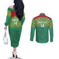 Custom Guyana Football Couples Matching Off The Shoulder Long Sleeve Dress and Long Sleeve Button Shirt Go Golden Jaguars Green Version - Wonder Print Shop