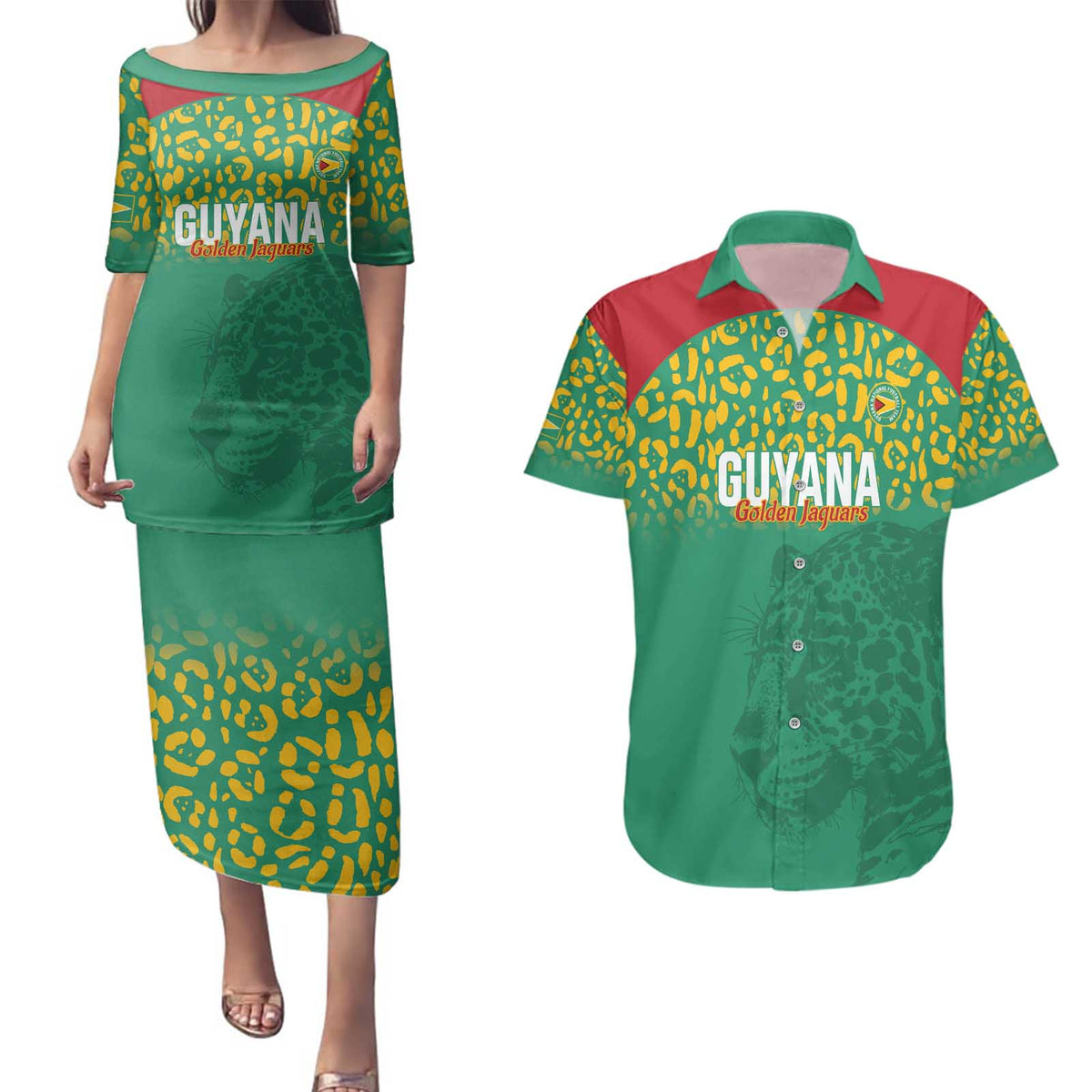Custom Guyana Football Couples Matching Puletasi and Hawaiian Shirt Go Golden Jaguars Green Version - Wonder Print Shop