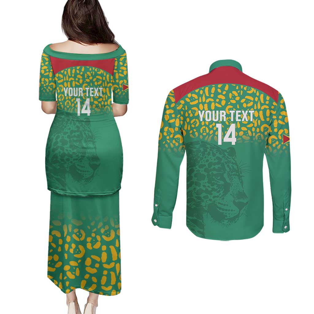 Custom Guyana Football Couples Matching Puletasi and Long Sleeve Button Shirt Go Golden Jaguars Green Version - Wonder Print Shop