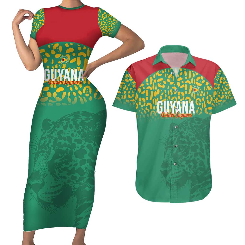 Custom Guyana Football Couples Matching Short Sleeve Bodycon Dress and Hawaiian Shirt Go Golden Jaguars Green Version - Wonder Print Shop