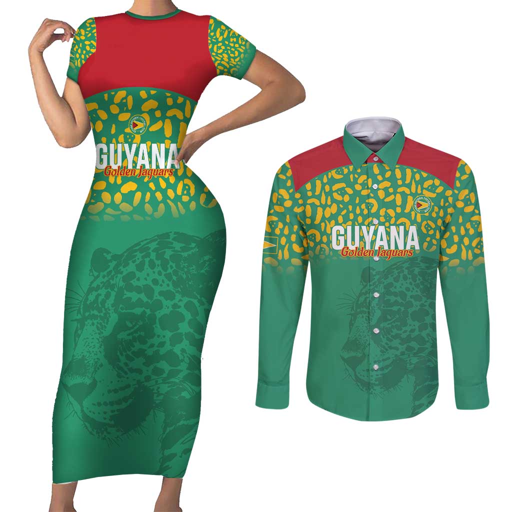 Custom Guyana Football Couples Matching Short Sleeve Bodycon Dress and Long Sleeve Button Shirt Go Golden Jaguars Green Version - Wonder Print Shop