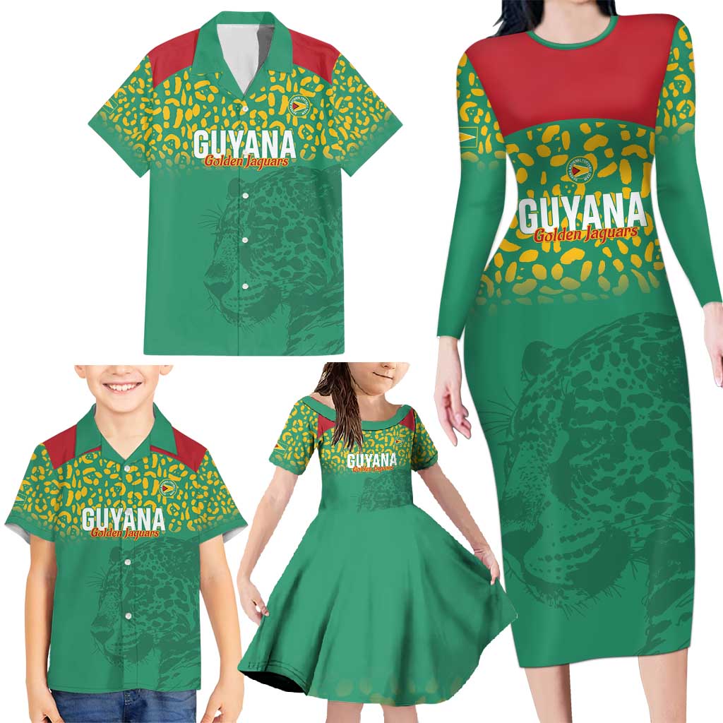 Custom Guyana Football Family Matching Long Sleeve Bodycon Dress and Hawaiian Shirt Go Golden Jaguars Green Version - Wonder Print Shop