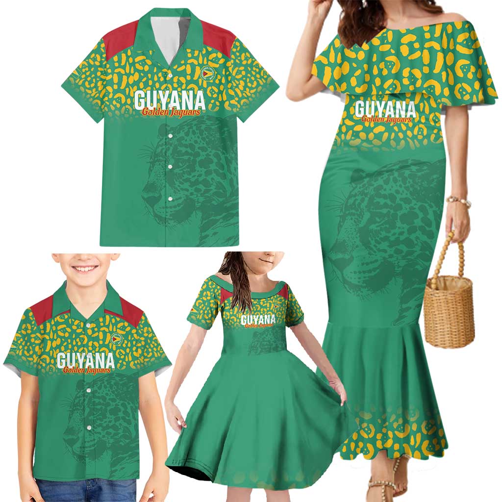 Custom Guyana Football Family Matching Mermaid Dress and Hawaiian Shirt Go Golden Jaguars Green Version - Wonder Print Shop