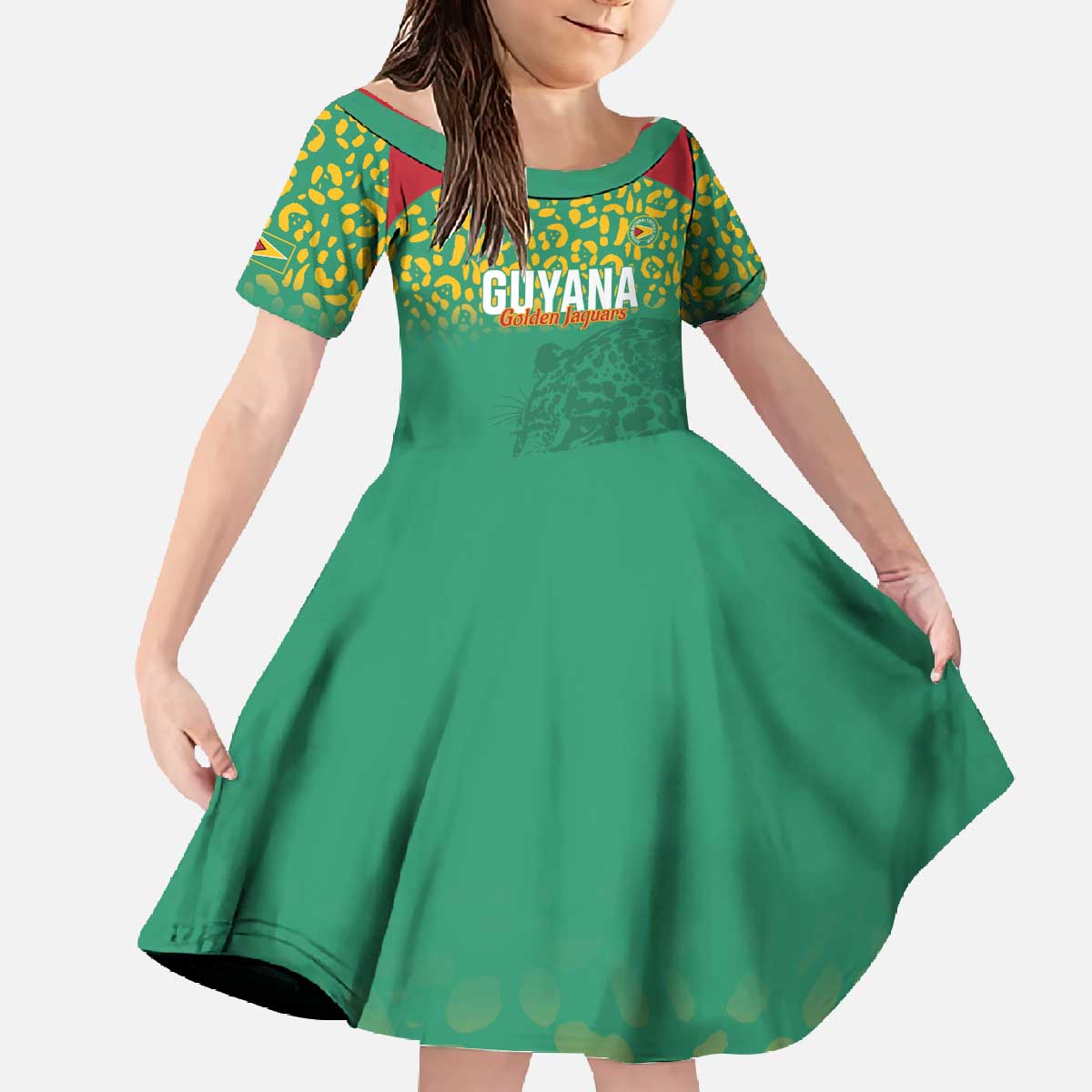 Custom Guyana Football Family Matching Off The Shoulder Long Sleeve Dress and Hawaiian Shirt Go Golden Jaguars Green Version - Wonder Print Shop