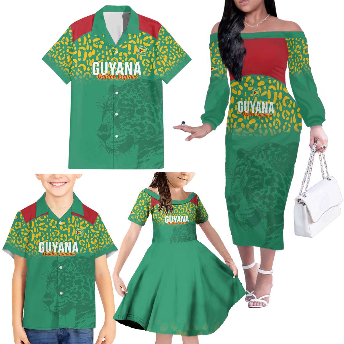 Custom Guyana Football Family Matching Off The Shoulder Long Sleeve Dress and Hawaiian Shirt Go Golden Jaguars Green Version - Wonder Print Shop