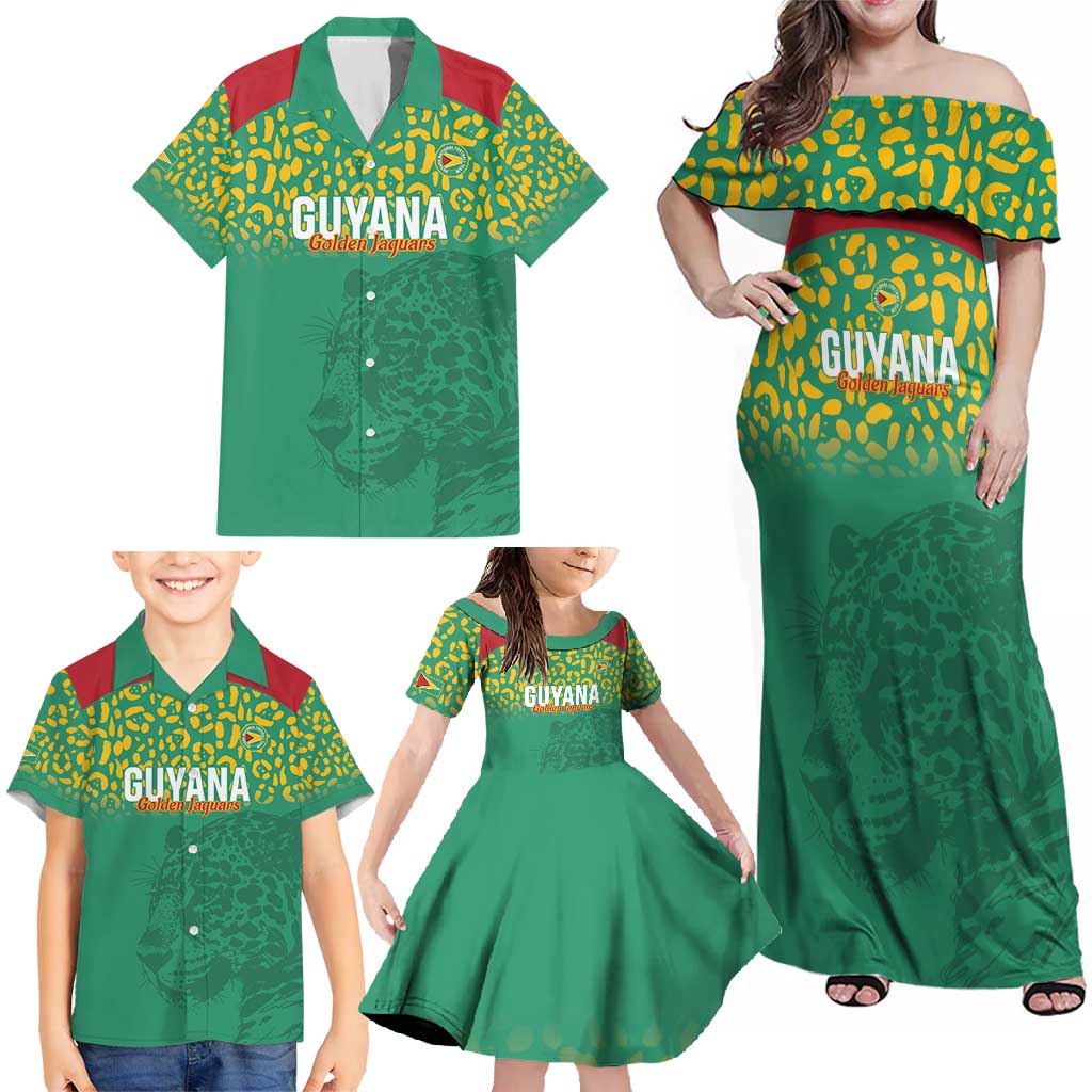 Custom Guyana Football Family Matching Off Shoulder Maxi Dress and Hawaiian Shirt Go Golden Jaguars Green Version - Wonder Print Shop