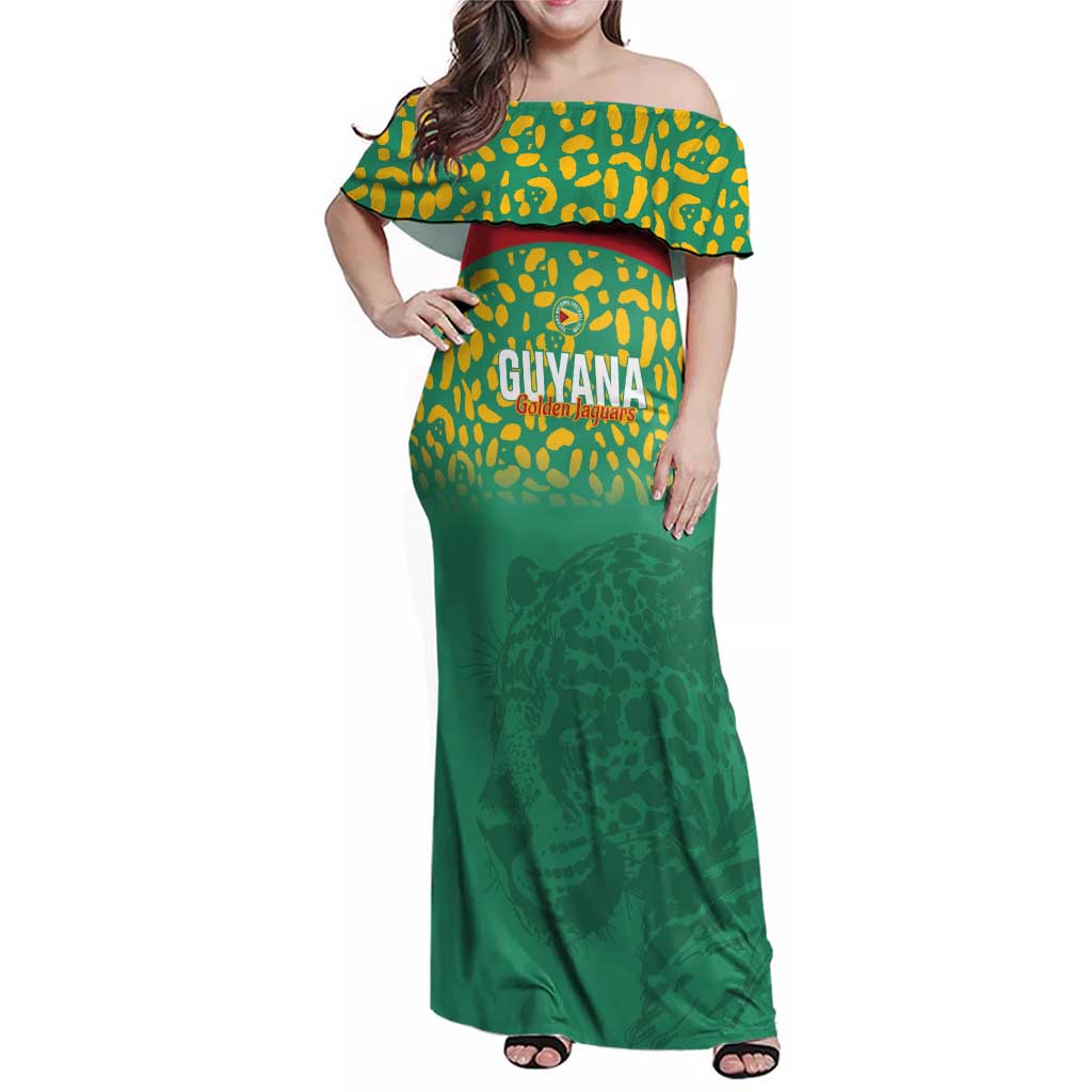 Custom Guyana Football Family Matching Off Shoulder Maxi Dress and Hawaiian Shirt Go Golden Jaguars Green Version - Wonder Print Shop