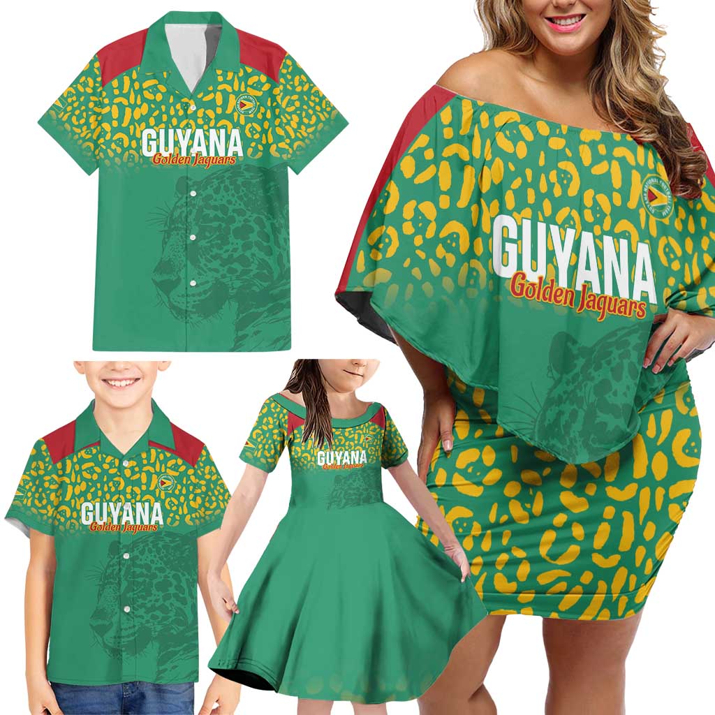 Custom Guyana Football Family Matching Off Shoulder Short Dress and Hawaiian Shirt Go Golden Jaguars Green Version - Wonder Print Shop