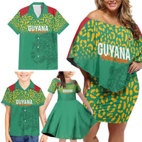 Custom Guyana Football Family Matching Off Shoulder Short Dress and Hawaiian Shirt Go Golden Jaguars Green Version - Wonder Print Shop