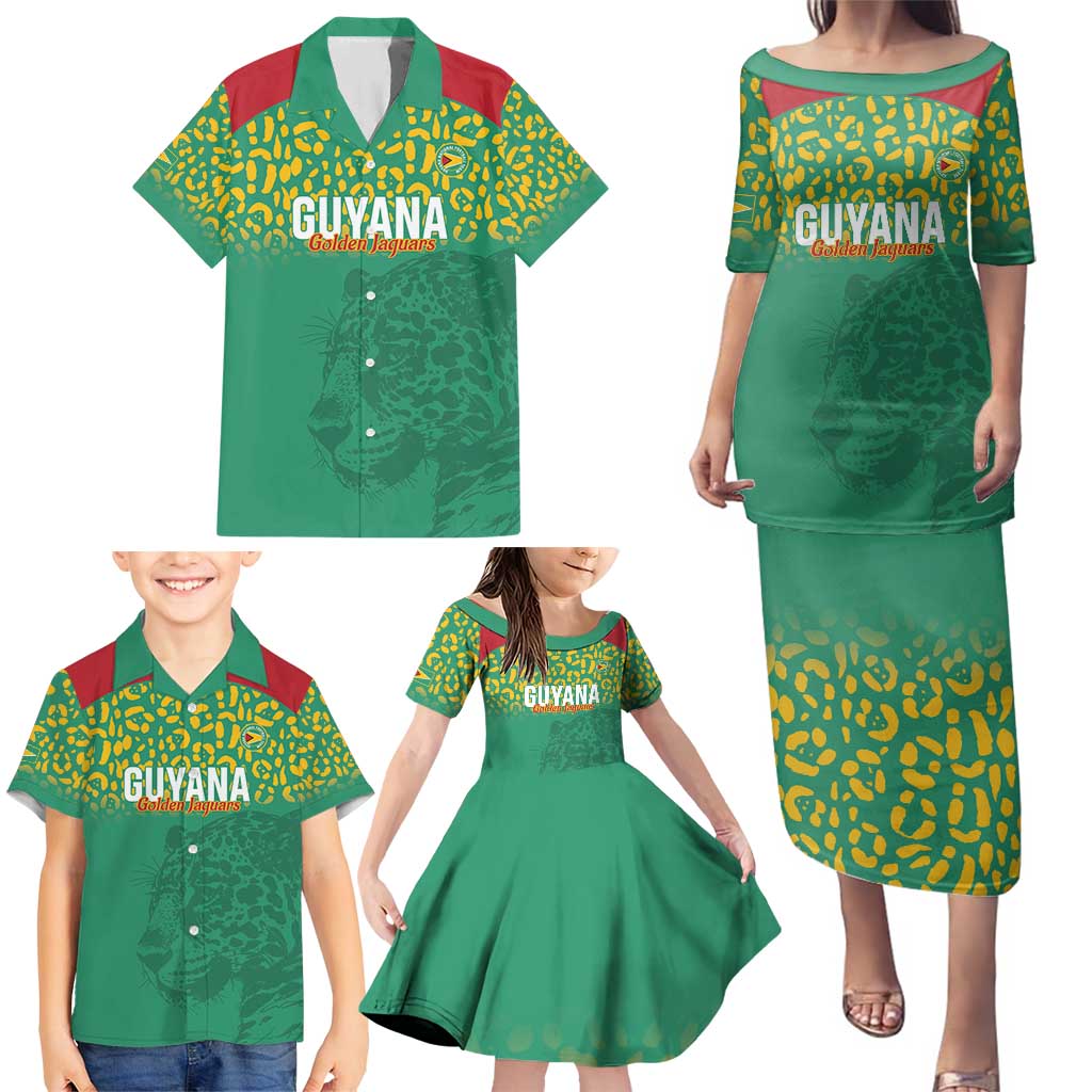 Custom Guyana Football Family Matching Puletasi and Hawaiian Shirt Go Golden Jaguars Green Version - Wonder Print Shop
