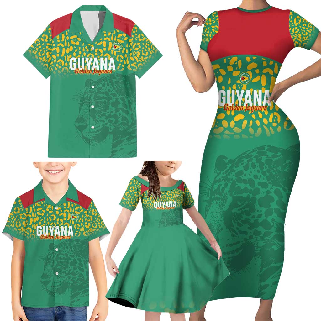 Custom Guyana Football Family Matching Short Sleeve Bodycon Dress and Hawaiian Shirt Go Golden Jaguars Green Version - Wonder Print Shop