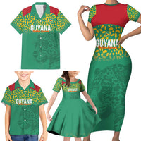 Custom Guyana Football Family Matching Short Sleeve Bodycon Dress and Hawaiian Shirt Go Golden Jaguars Green Version - Wonder Print Shop