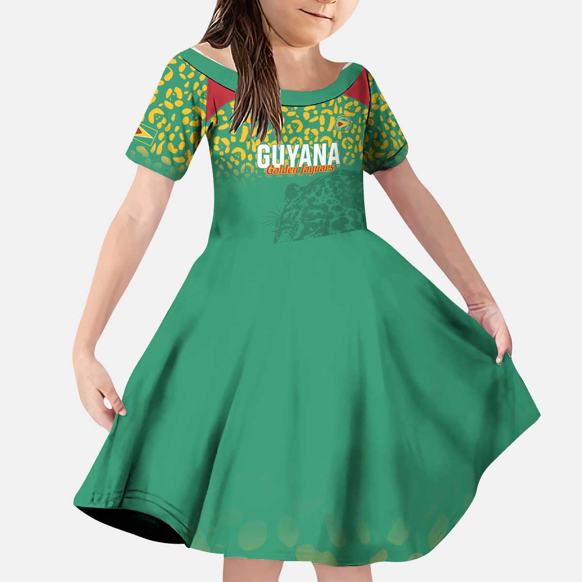 Custom Guyana Football Kid Short Sleeve Dress Go Golden Jaguars Green Version - Wonder Print Shop