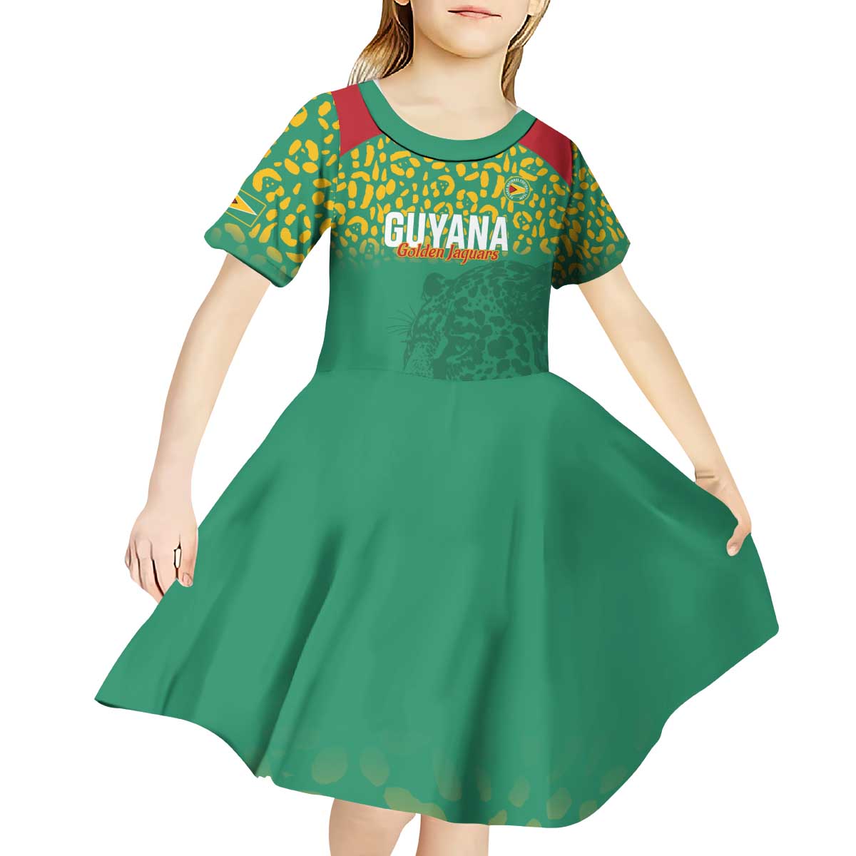 Custom Guyana Football Kid Short Sleeve Dress Go Golden Jaguars Green Version - Wonder Print Shop