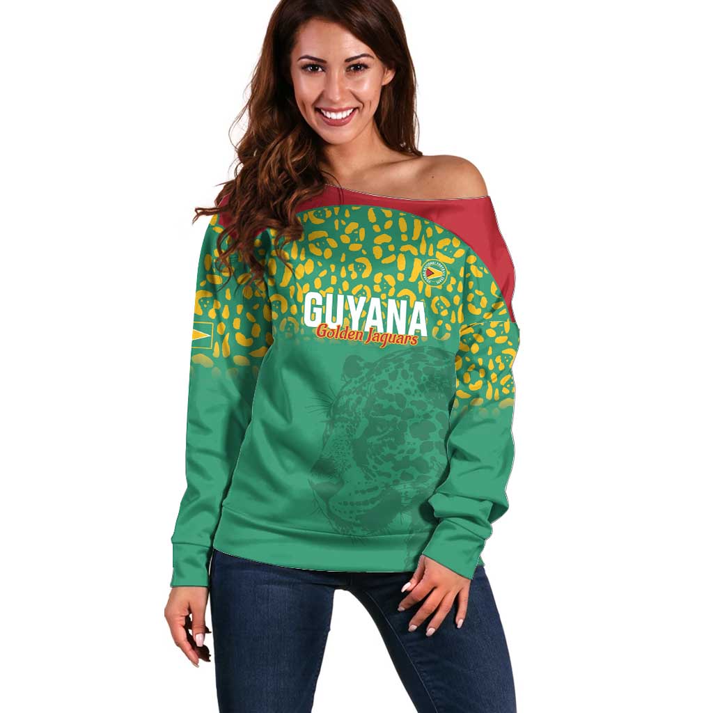 Custom Guyana Football Off Shoulder Sweater Go Golden Jaguars Green Version - Wonder Print Shop