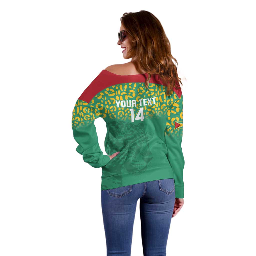 Custom Guyana Football Off Shoulder Sweater Go Golden Jaguars Green Version - Wonder Print Shop