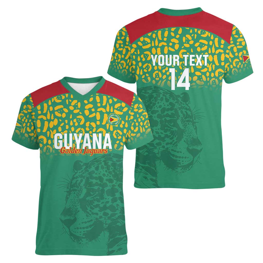 Custom Guyana Football Women V-Neck T-Shirt Go Golden Jaguars Green Version - Wonder Print Shop