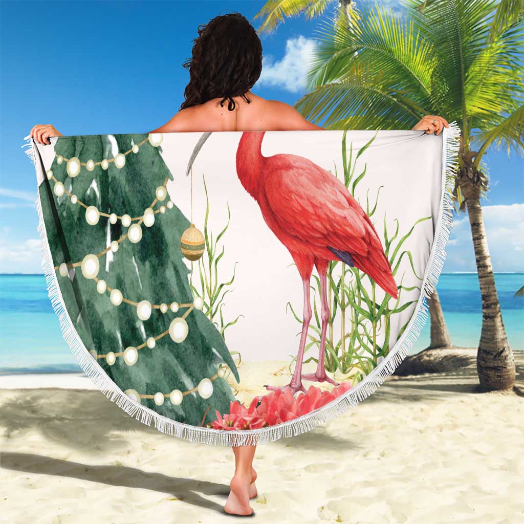 Trinidad And Tobago Christmas Beach Blanket Scarlet Ibis Wild Poinsettia Watercolor - Wonder Print Shop