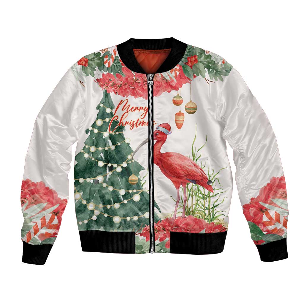 Personalized Trinidad And Tobago Christmas Bomber Jacket Scarlet Ibis Wild Poinsettia Watercolor - Wonder Print Shop