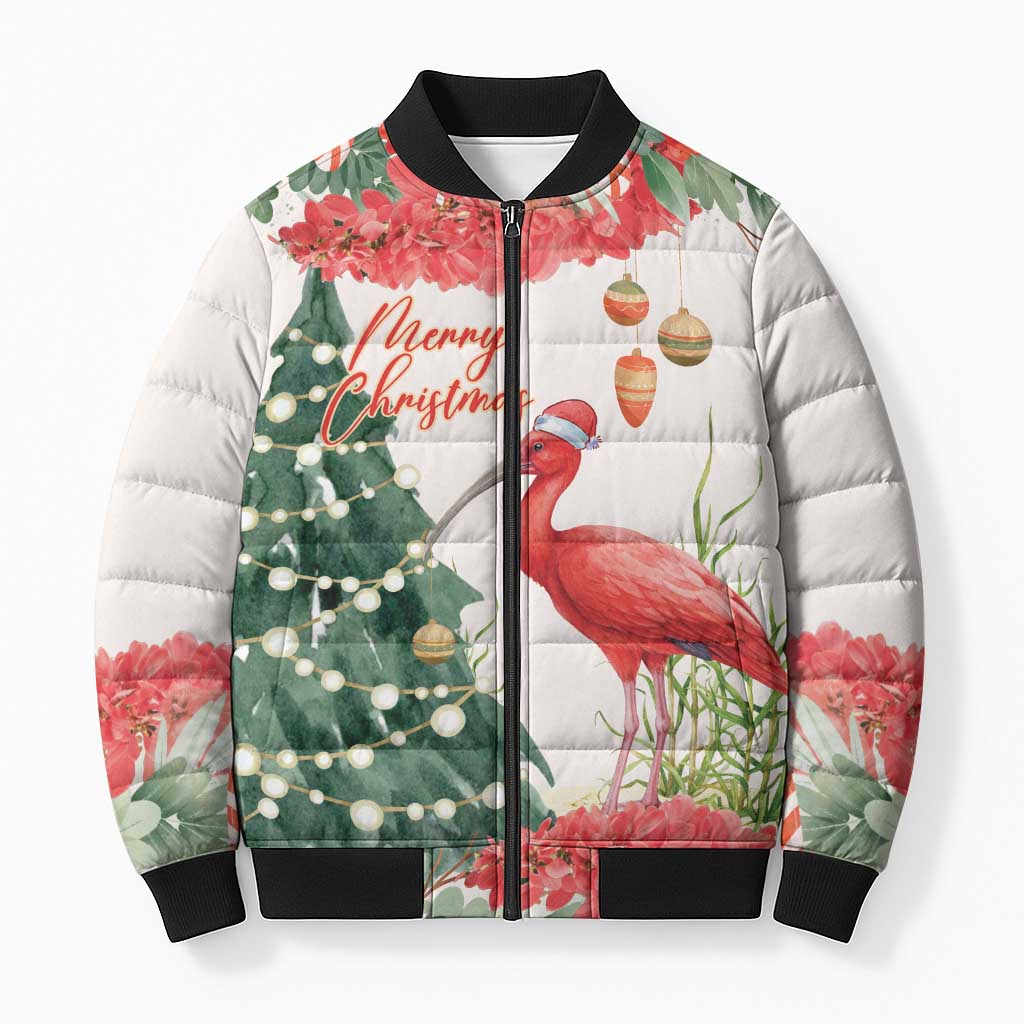 Personalized Trinidad And Tobago Christmas Bomber Puffer Jacket Scarlet Ibis Wild Poinsettia Watercolor - Wonder Print Shop