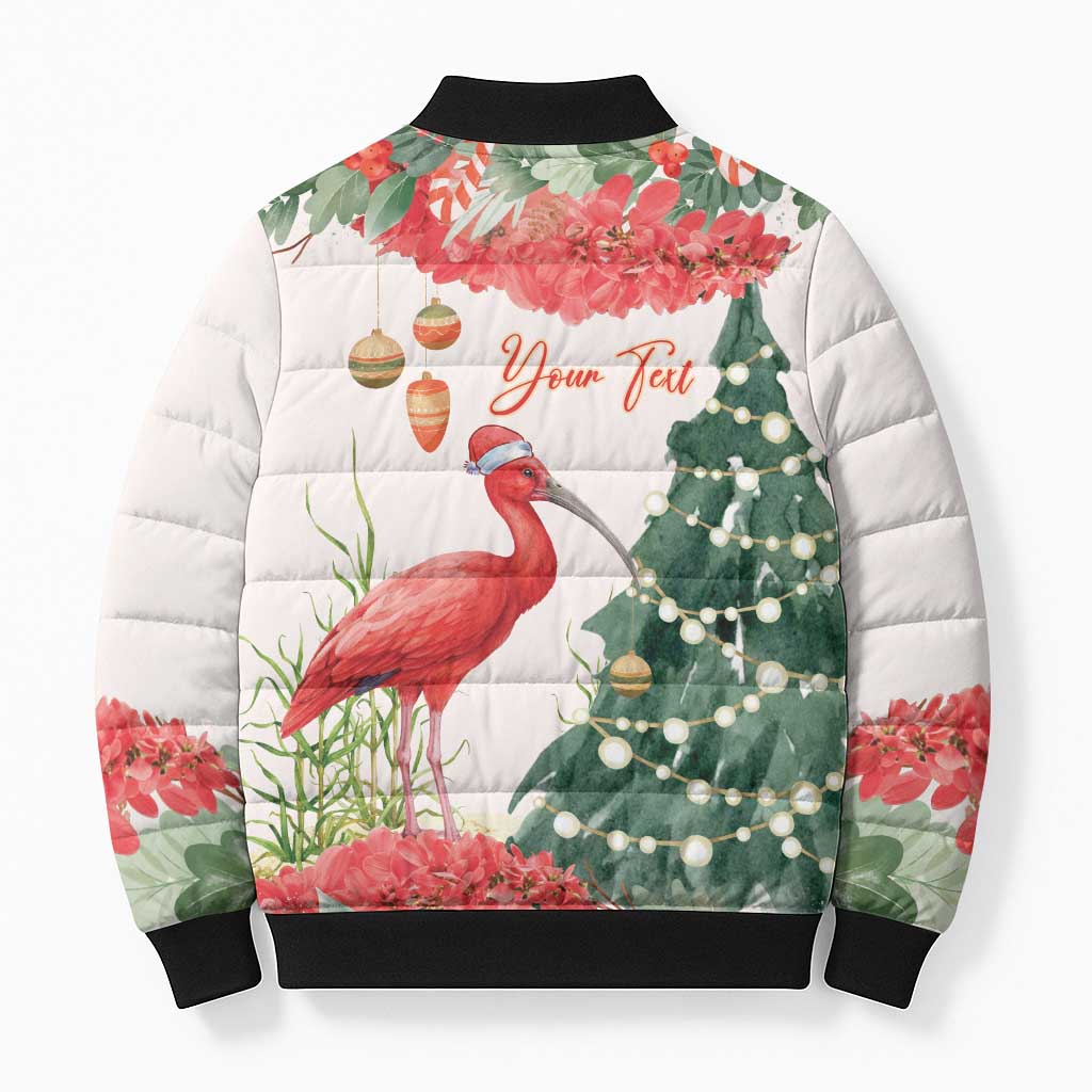 Personalized Trinidad And Tobago Christmas Bomber Puffer Jacket Scarlet Ibis Wild Poinsettia Watercolor - Wonder Print Shop