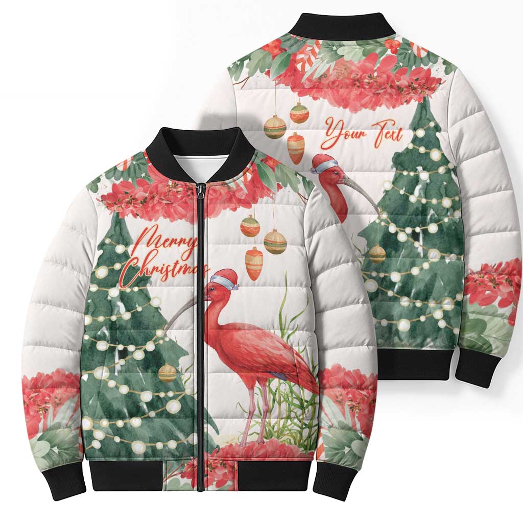 Personalized Trinidad And Tobago Christmas Bomber Puffer Jacket Scarlet Ibis Wild Poinsettia Watercolor - Wonder Print Shop