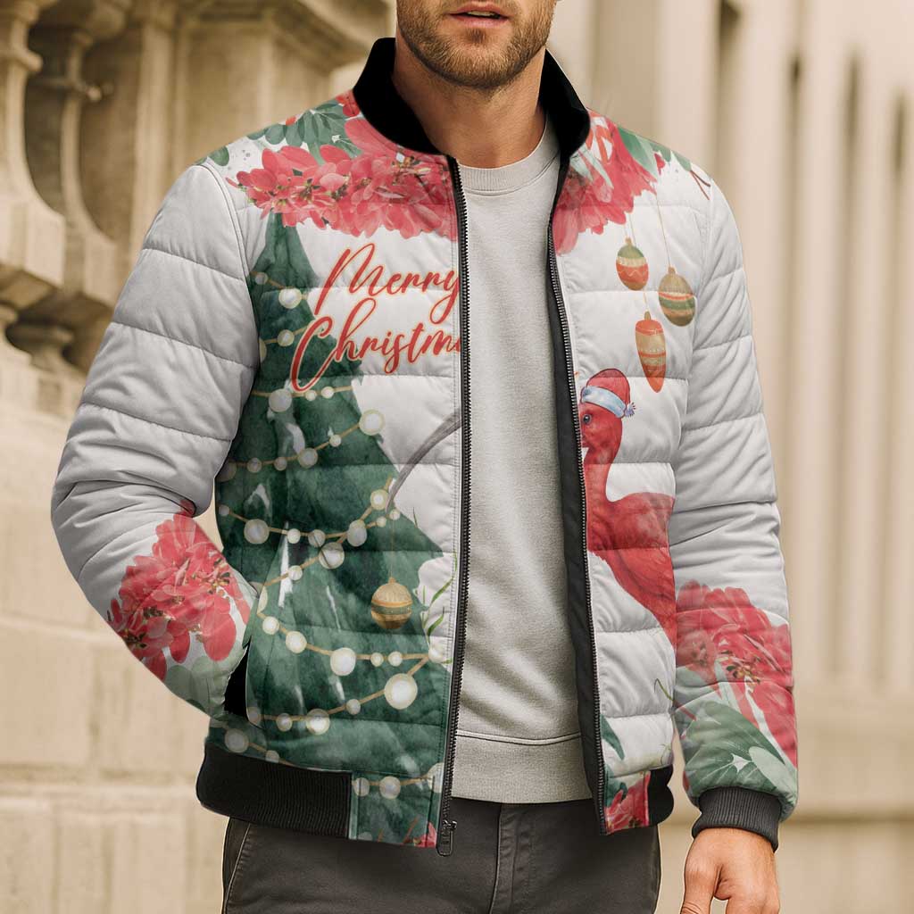 Personalized Trinidad And Tobago Christmas Bomber Puffer Jacket Scarlet Ibis Wild Poinsettia Watercolor - Wonder Print Shop