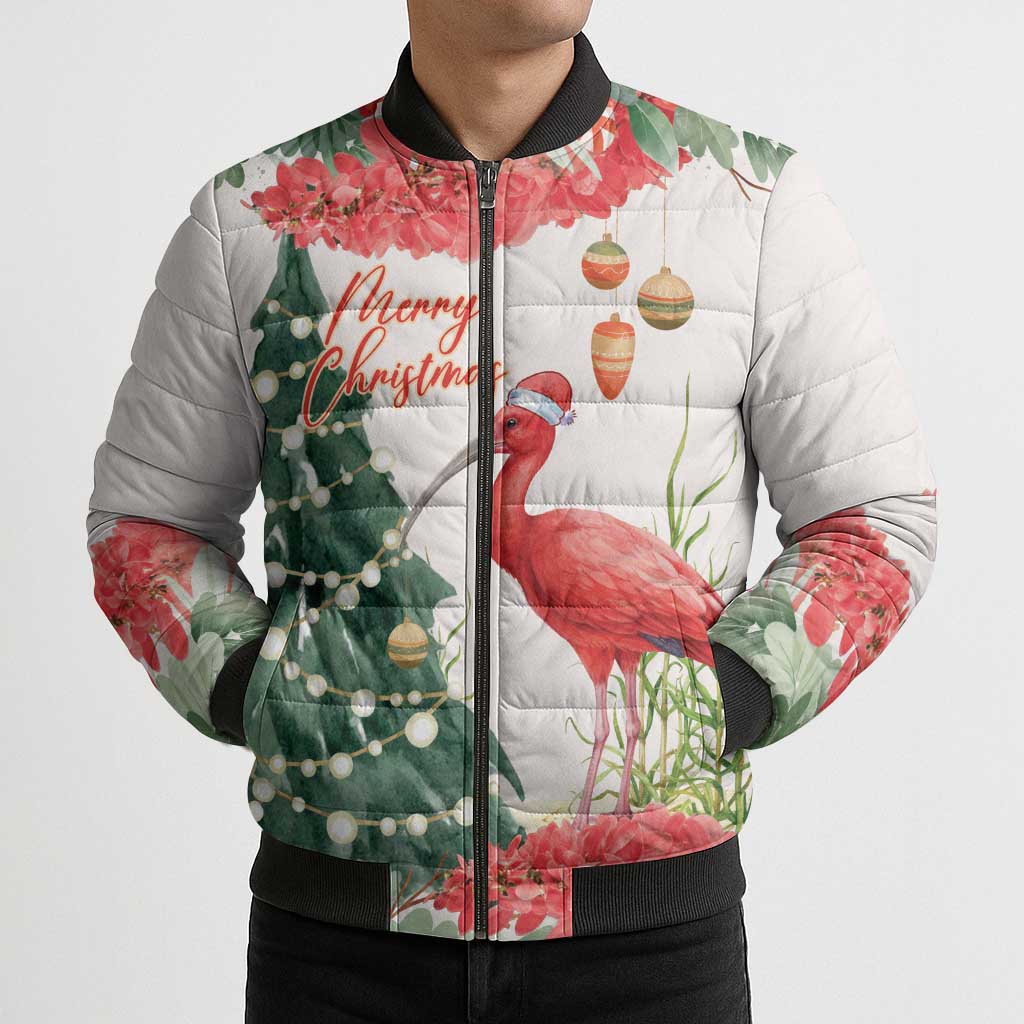 Personalized Trinidad And Tobago Christmas Bomber Puffer Jacket Scarlet Ibis Wild Poinsettia Watercolor - Wonder Print Shop