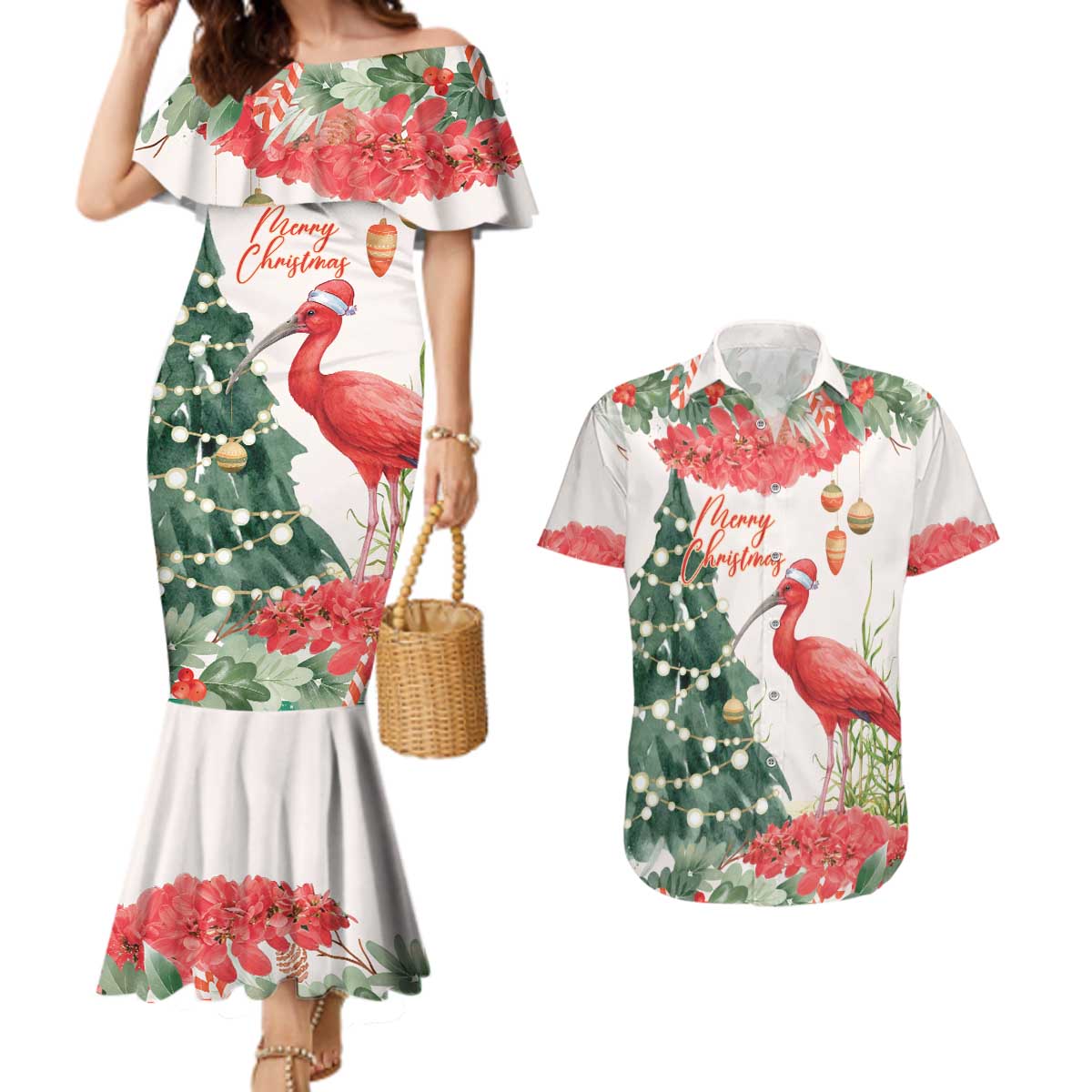 Personalized Trinidad And Tobago Christmas Couples Matching Mermaid Dress and Hawaiian Shirt Scarlet Ibis Wild Poinsettia Watercolor - Wonder Print Shop