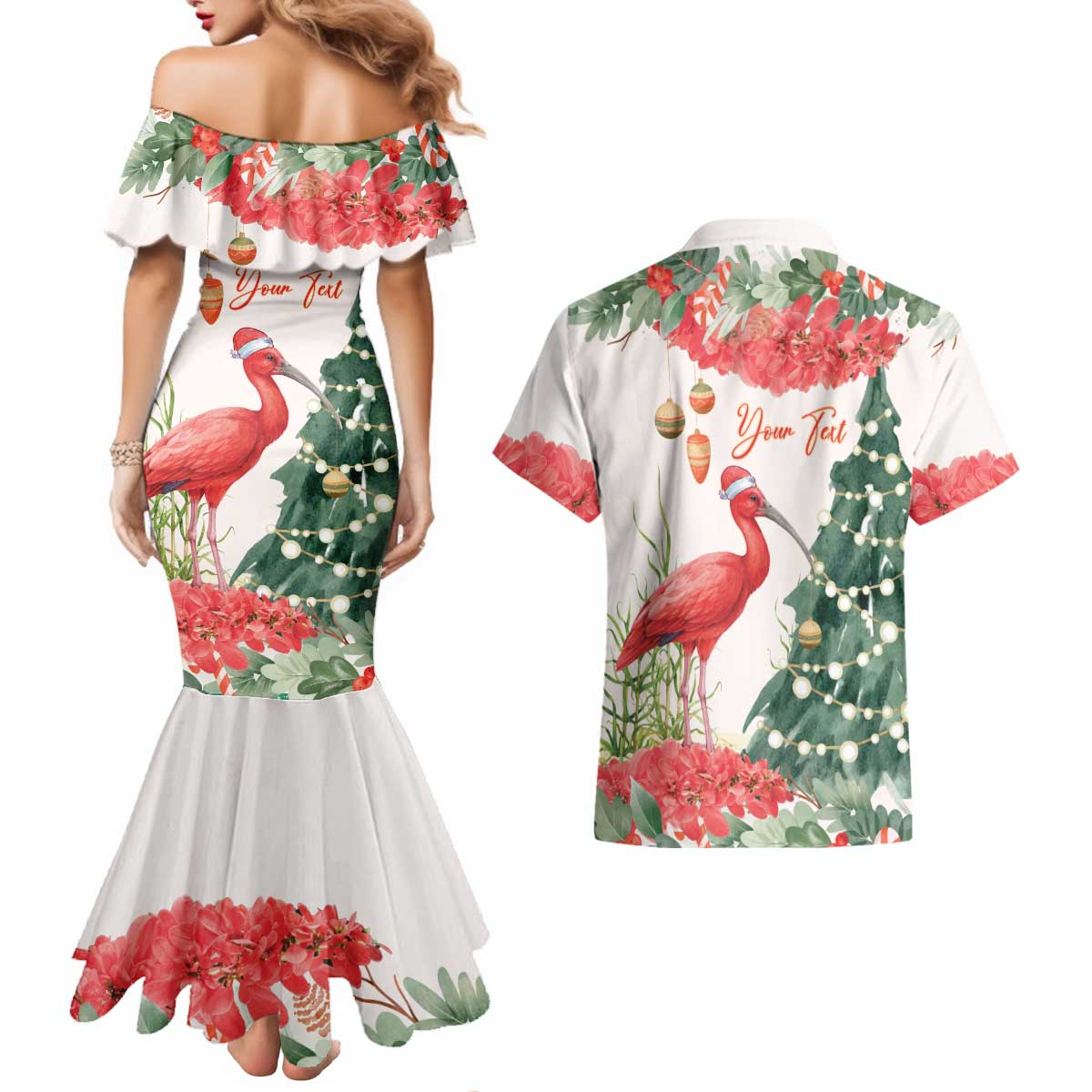 Personalized Trinidad And Tobago Christmas Couples Matching Mermaid Dress and Hawaiian Shirt Scarlet Ibis Wild Poinsettia Watercolor - Wonder Print Shop
