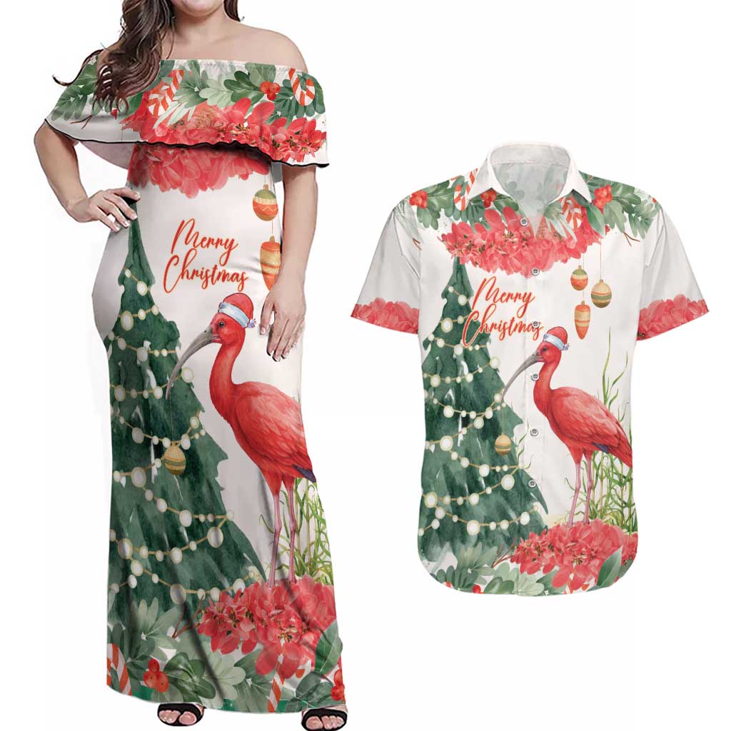 Personalized Trinidad And Tobago Christmas Couples Matching Off Shoulder Maxi Dress and Hawaiian Shirt Scarlet Ibis Wild Poinsettia Watercolor - Wonder Print Shop