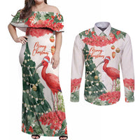 Personalized Trinidad And Tobago Christmas Couples Matching Off Shoulder Maxi Dress and Long Sleeve Button Shirt Scarlet Ibis Wild Poinsettia Watercolor - Wonder Print Shop