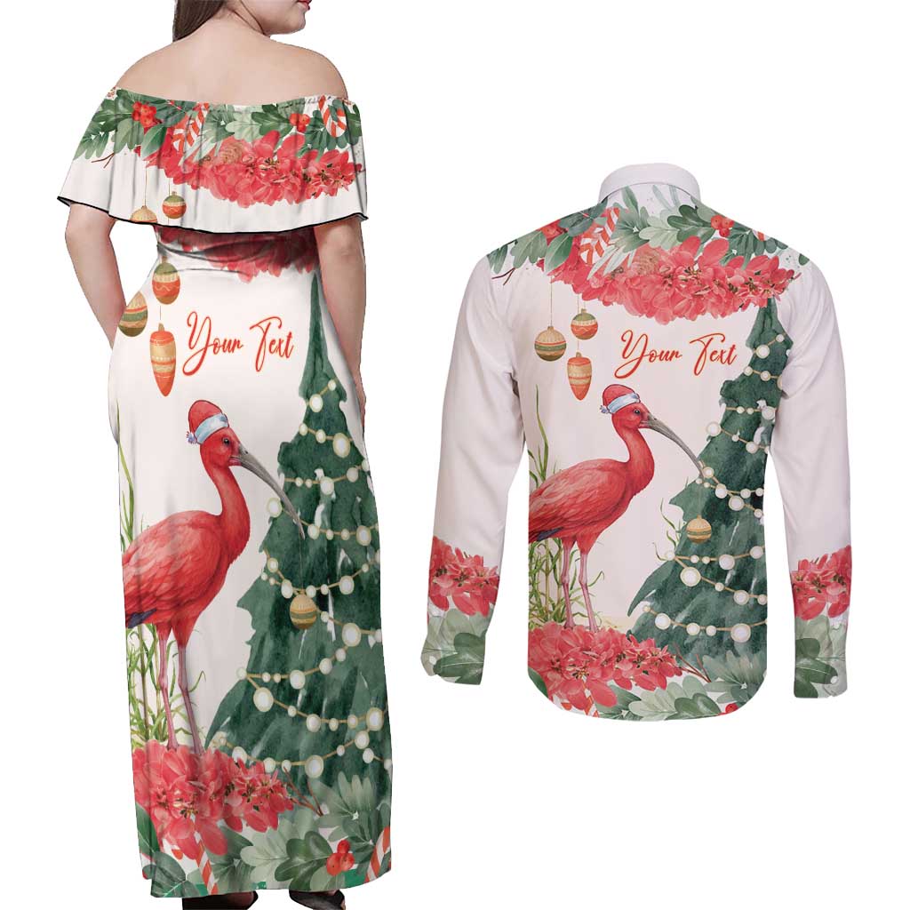 Personalized Trinidad And Tobago Christmas Couples Matching Off Shoulder Maxi Dress and Long Sleeve Button Shirt Scarlet Ibis Wild Poinsettia Watercolor - Wonder Print Shop