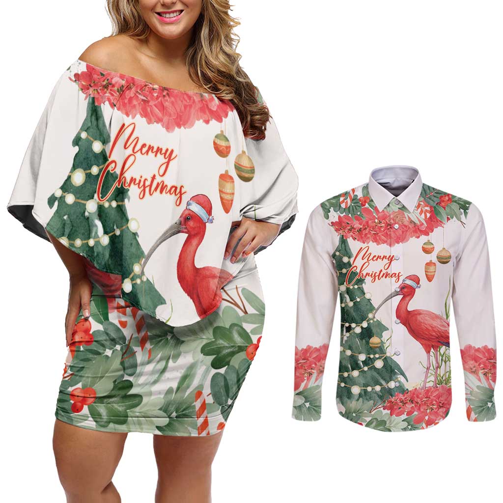 Personalized Trinidad And Tobago Christmas Couples Matching Off Shoulder Short Dress and Long Sleeve Button Shirt Scarlet Ibis Wild Poinsettia Watercolor - Wonder Print Shop