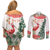 Personalized Trinidad And Tobago Christmas Couples Matching Off Shoulder Short Dress and Long Sleeve Button Shirt Scarlet Ibis Wild Poinsettia Watercolor - Wonder Print Shop