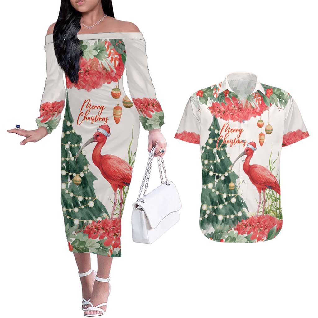 Personalized Trinidad And Tobago Christmas Couples Matching Off The Shoulder Long Sleeve Dress and Hawaiian Shirt Scarlet Ibis Wild Poinsettia Watercolor - Wonder Print Shop