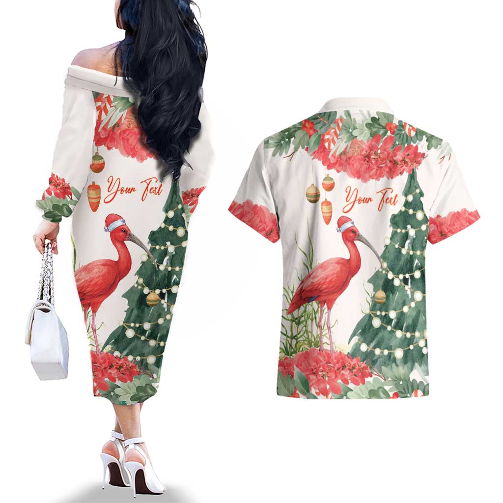 Personalized Trinidad And Tobago Christmas Couples Matching Off The Shoulder Long Sleeve Dress and Hawaiian Shirt Scarlet Ibis Wild Poinsettia Watercolor - Wonder Print Shop