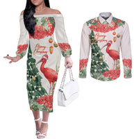 Personalized Trinidad And Tobago Christmas Couples Matching Off The Shoulder Long Sleeve Dress and Long Sleeve Button Shirt Scarlet Ibis Wild Poinsettia Watercolor - Wonder Print Shop