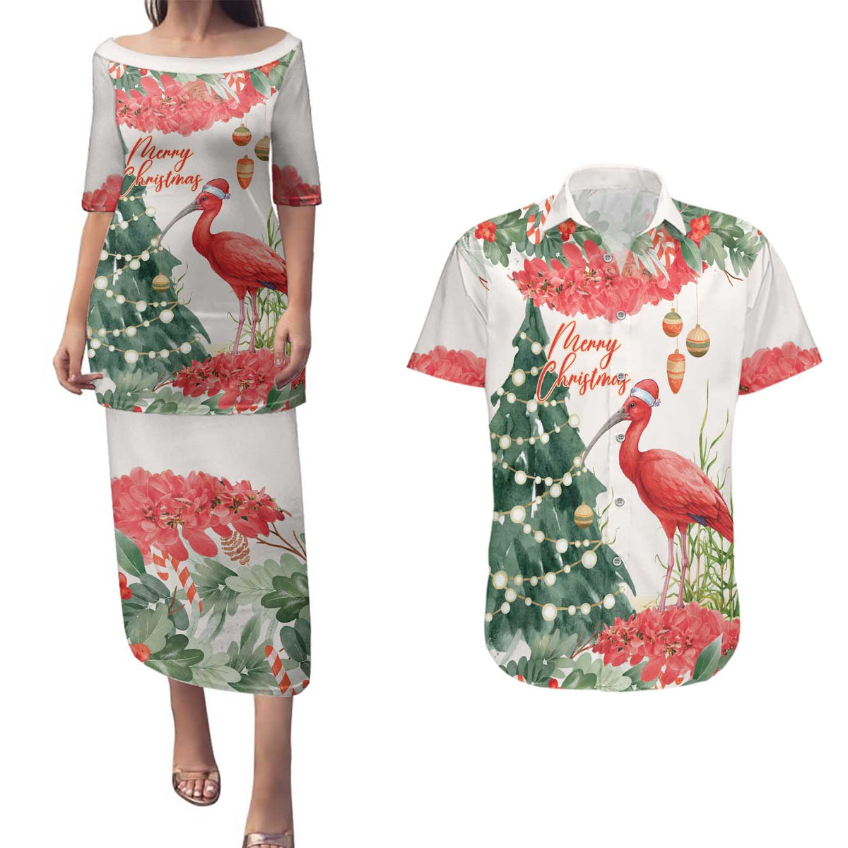 Personalized Trinidad And Tobago Christmas Couples Matching Puletasi and Hawaiian Shirt Scarlet Ibis Wild Poinsettia Watercolor - Wonder Print Shop