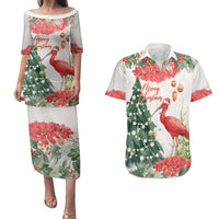 Personalized Trinidad And Tobago Christmas Couples Matching Puletasi and Hawaiian Shirt Scarlet Ibis Wild Poinsettia Watercolor - Wonder Print Shop