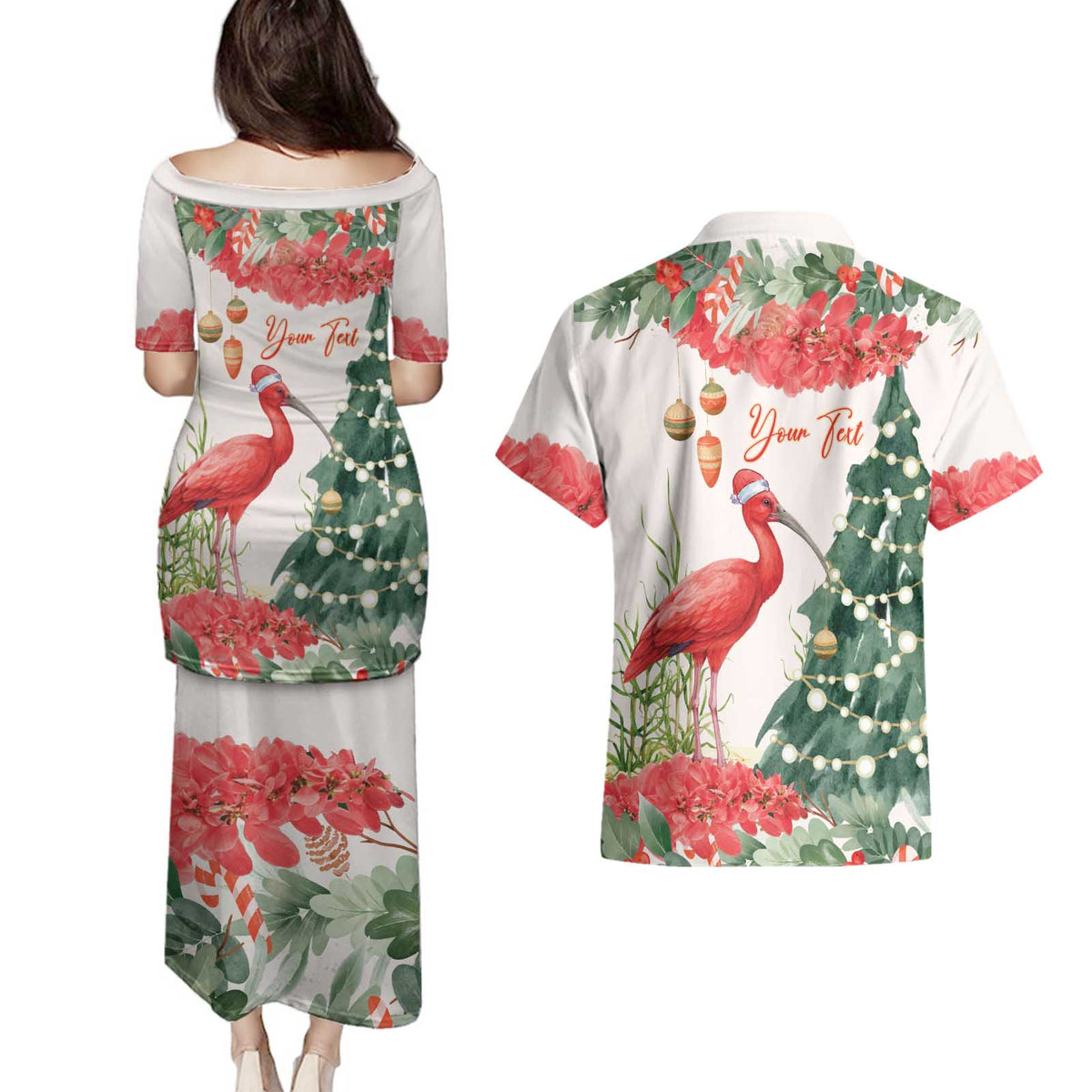 Personalized Trinidad And Tobago Christmas Couples Matching Puletasi and Hawaiian Shirt Scarlet Ibis Wild Poinsettia Watercolor - Wonder Print Shop