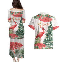 Personalized Trinidad And Tobago Christmas Couples Matching Puletasi and Hawaiian Shirt Scarlet Ibis Wild Poinsettia Watercolor - Wonder Print Shop