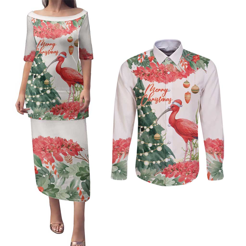 Personalized Trinidad And Tobago Christmas Couples Matching Puletasi and Long Sleeve Button Shirt Scarlet Ibis Wild Poinsettia Watercolor - Wonder Print Shop