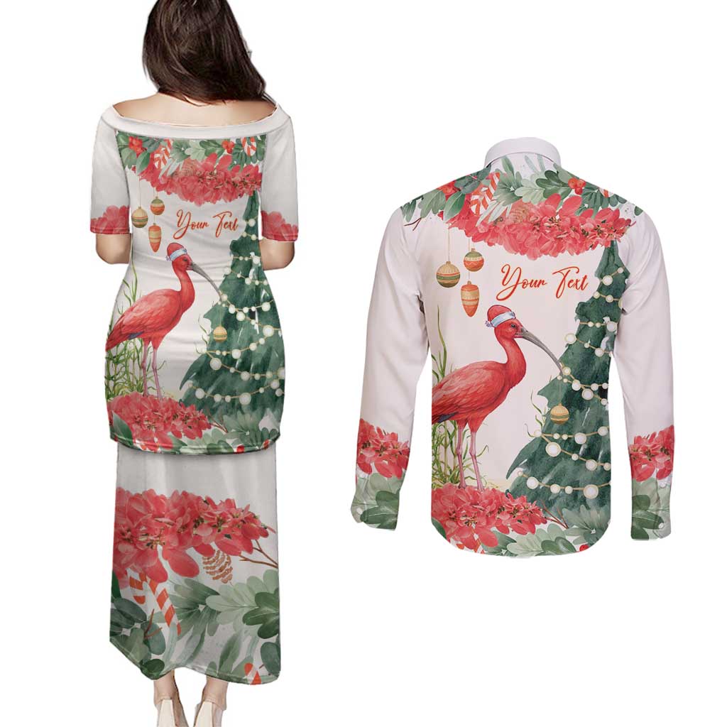 Personalized Trinidad And Tobago Christmas Couples Matching Puletasi and Long Sleeve Button Shirt Scarlet Ibis Wild Poinsettia Watercolor - Wonder Print Shop
