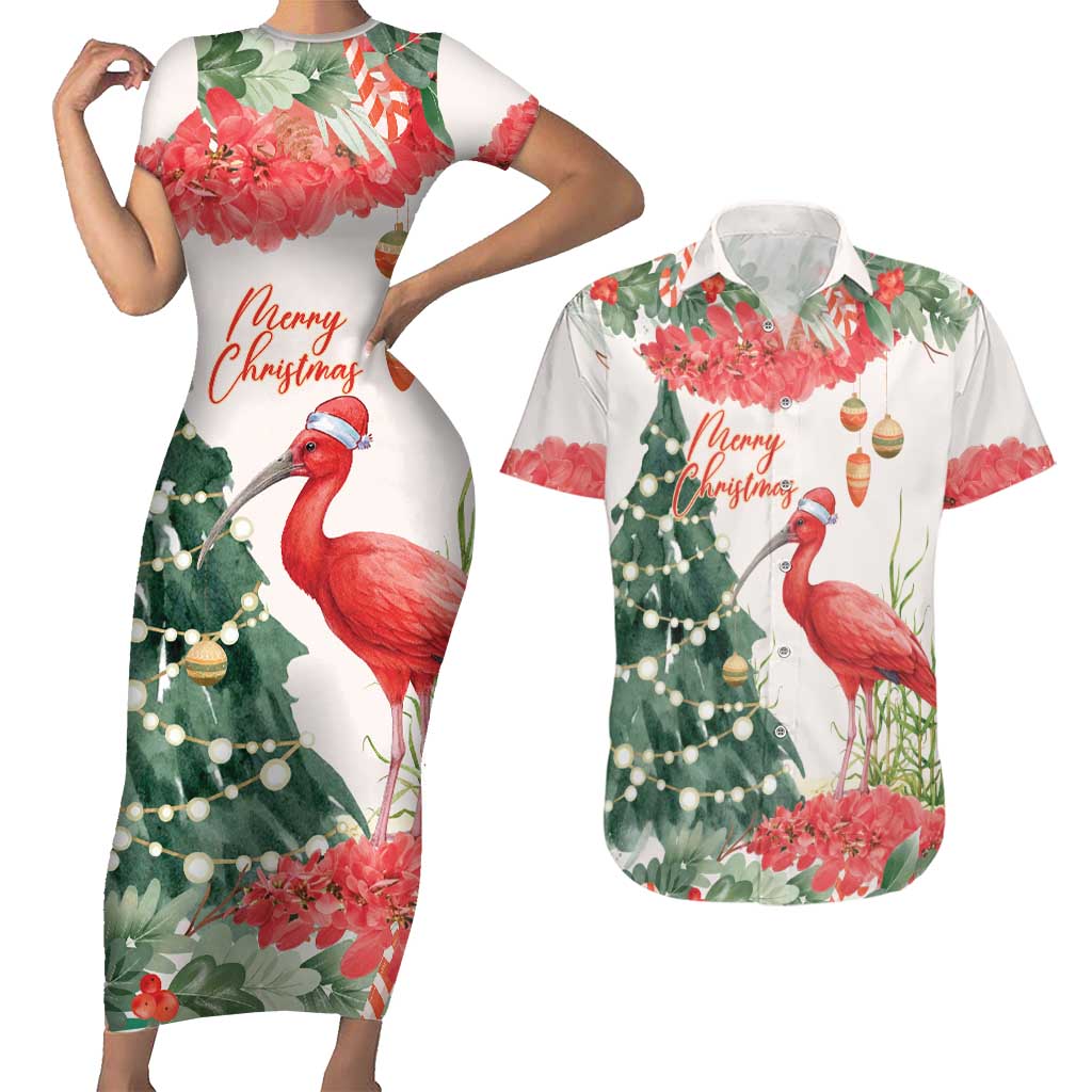 Personalized Trinidad And Tobago Christmas Couples Matching Short Sleeve Bodycon Dress and Hawaiian Shirt Scarlet Ibis Wild Poinsettia Watercolor - Wonder Print Shop