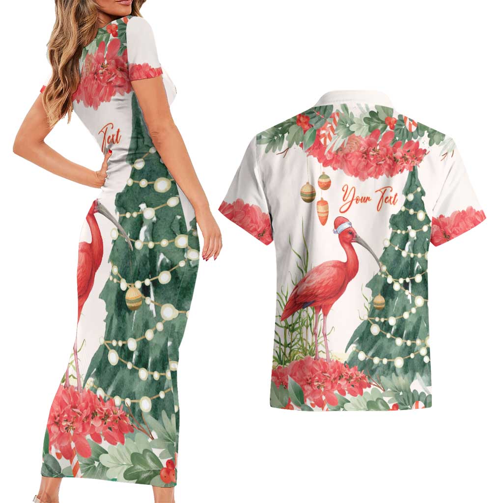 Personalized Trinidad And Tobago Christmas Couples Matching Short Sleeve Bodycon Dress and Hawaiian Shirt Scarlet Ibis Wild Poinsettia Watercolor - Wonder Print Shop