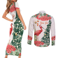 Personalized Trinidad And Tobago Christmas Couples Matching Short Sleeve Bodycon Dress and Long Sleeve Button Shirt Scarlet Ibis Wild Poinsettia Watercolor - Wonder Print Shop