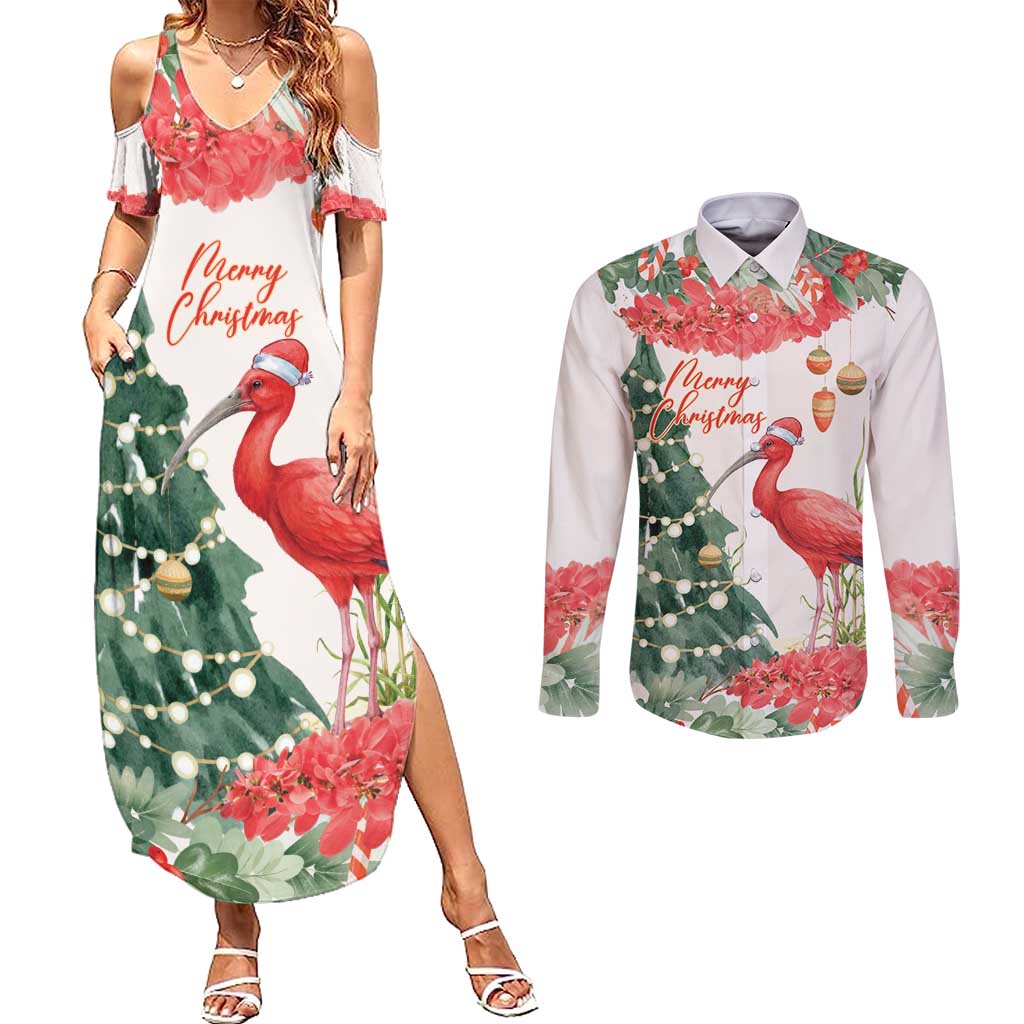 Personalized Trinidad And Tobago Christmas Couples Matching Summer Maxi Dress and Long Sleeve Button Shirt Scarlet Ibis Wild Poinsettia Watercolor - Wonder Print Shop